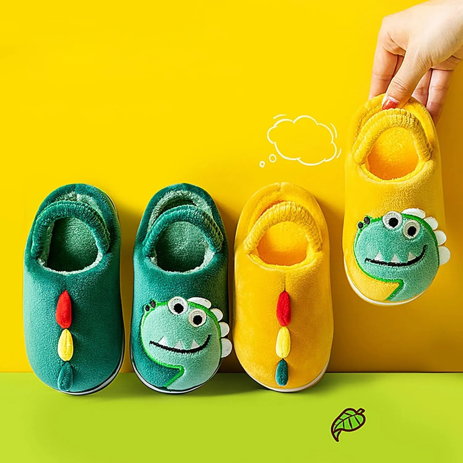 Toddler Boys Girls Dinosaur House Slippers with Fleece Lining Cozy Household Shoes Non-Slip Fuzzy Kids Shoes