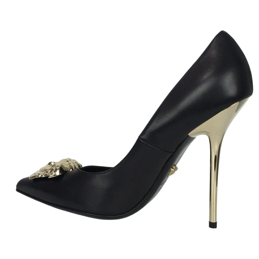 Versace Women's Gold Medusa Logo High Heel Shoes Patent Leather Black Sz 35