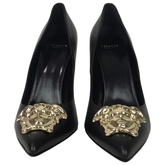 Versace Women's Gold Medusa Logo High Heel Shoes Patent Leather Black Sz 35