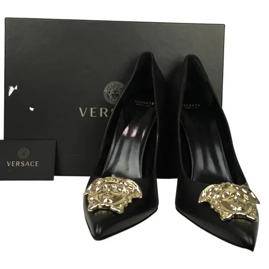 Versace Women's Gold Medusa Logo High Heel Shoes Patent Leather Black Sz 35