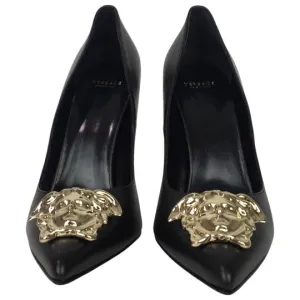 Versace Women's Gold Medusa Logo High Heel Shoes Patent Leather Black Sz 35