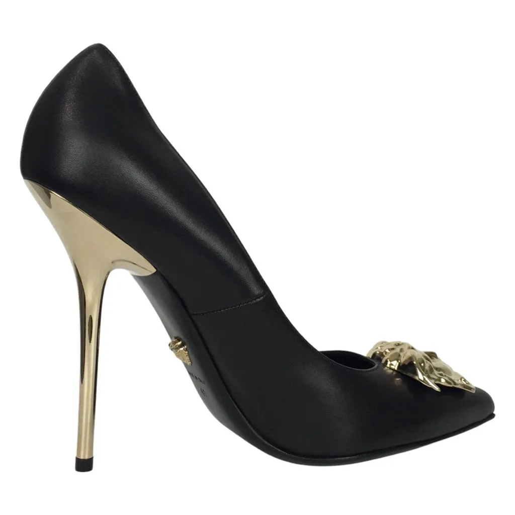 Versace Women's Gold Medusa Logo High Heel Shoes Patent Leather Black Sz 35