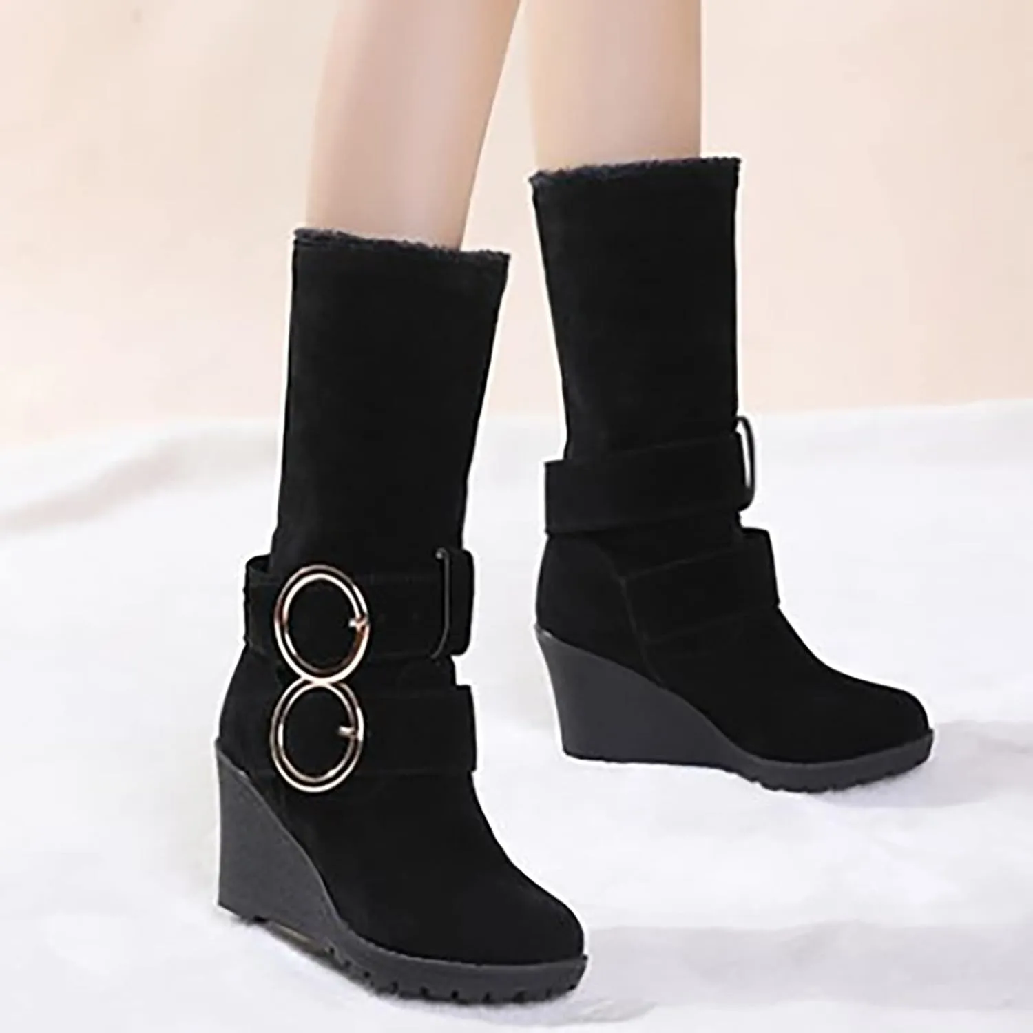 Winter Boots for Women 2024 Women's Warm Faux Fur Lined Mid-Calf Winter Snow Boots Knee High Platform Wedge Boots