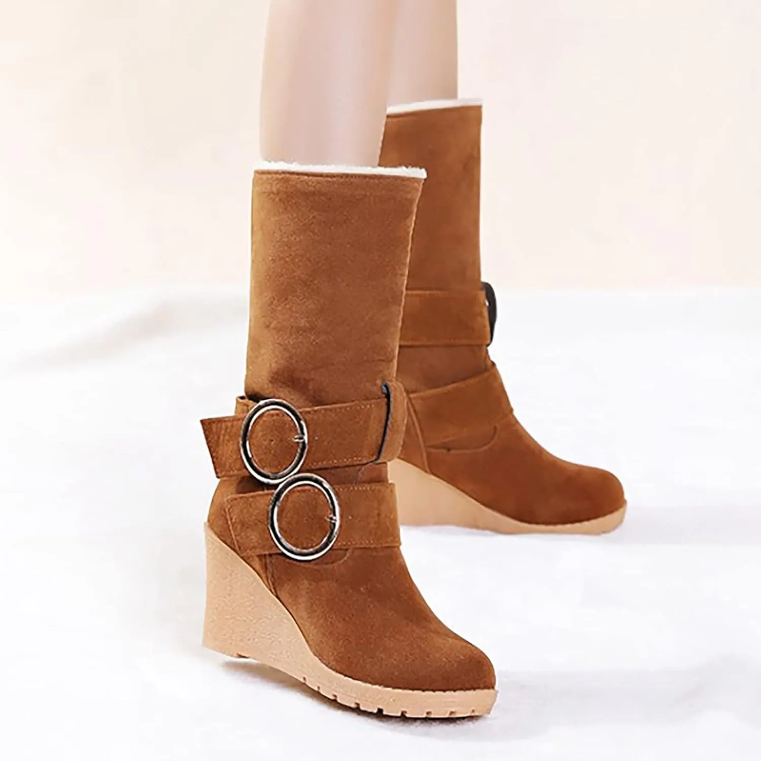 Winter Boots for Women 2024 Women's Warm Faux Fur Lined Mid-Calf Winter Snow Boots Knee High Platform Wedge Boots