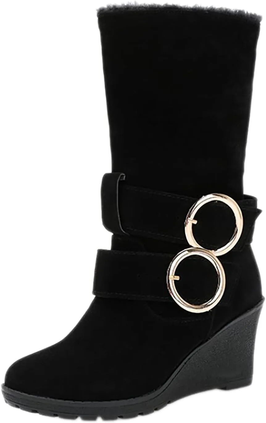 Winter Boots for Women 2024 Women's Warm Faux Fur Lined Mid-Calf Winter Snow Boots Knee High Platform Wedge Boots