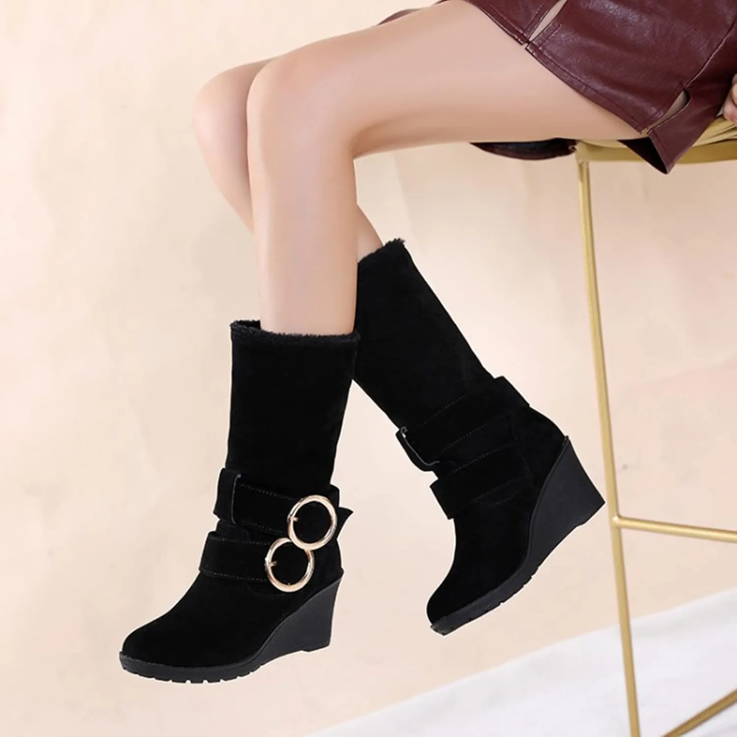 Winter Boots for Women 2024 Women's Warm Faux Fur Lined Mid-Calf Winter Snow Boots Knee High Platform Wedge Boots