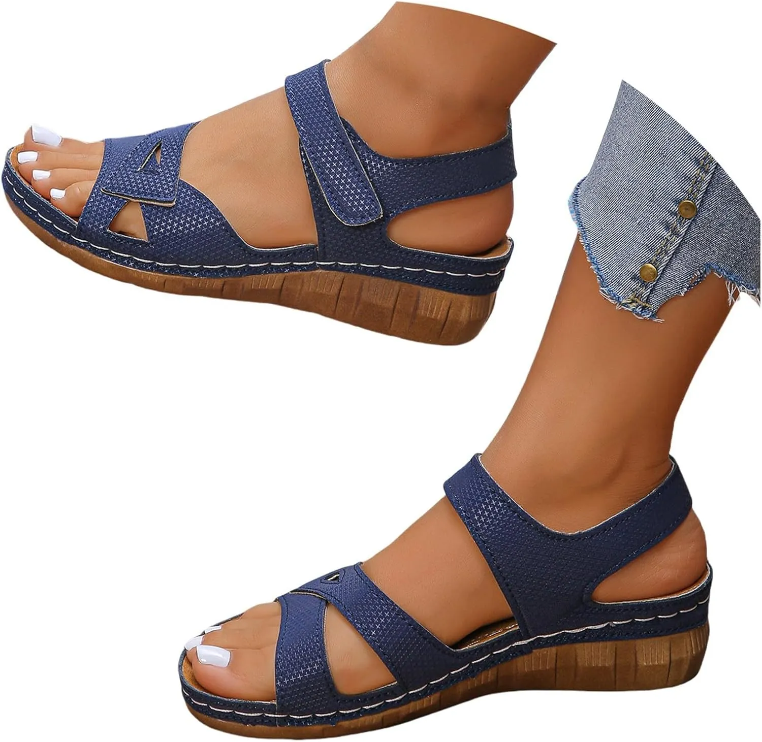 Women Comfortable Sandals Orthotic Walking Sandals Orthopedic Arch Support Sandal Slip On Low Wedge Casual Sandal Adjustable Ankle Strap Concise Casual Summer Shoes