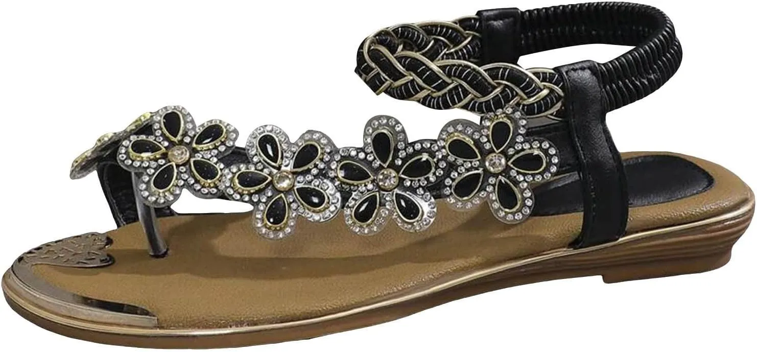Women Flat Floral Flip Flops Boho Casual Shoes Women's Orthopaedic Sandals Elegant Cork Sandals for Women Suede (Black, 8)