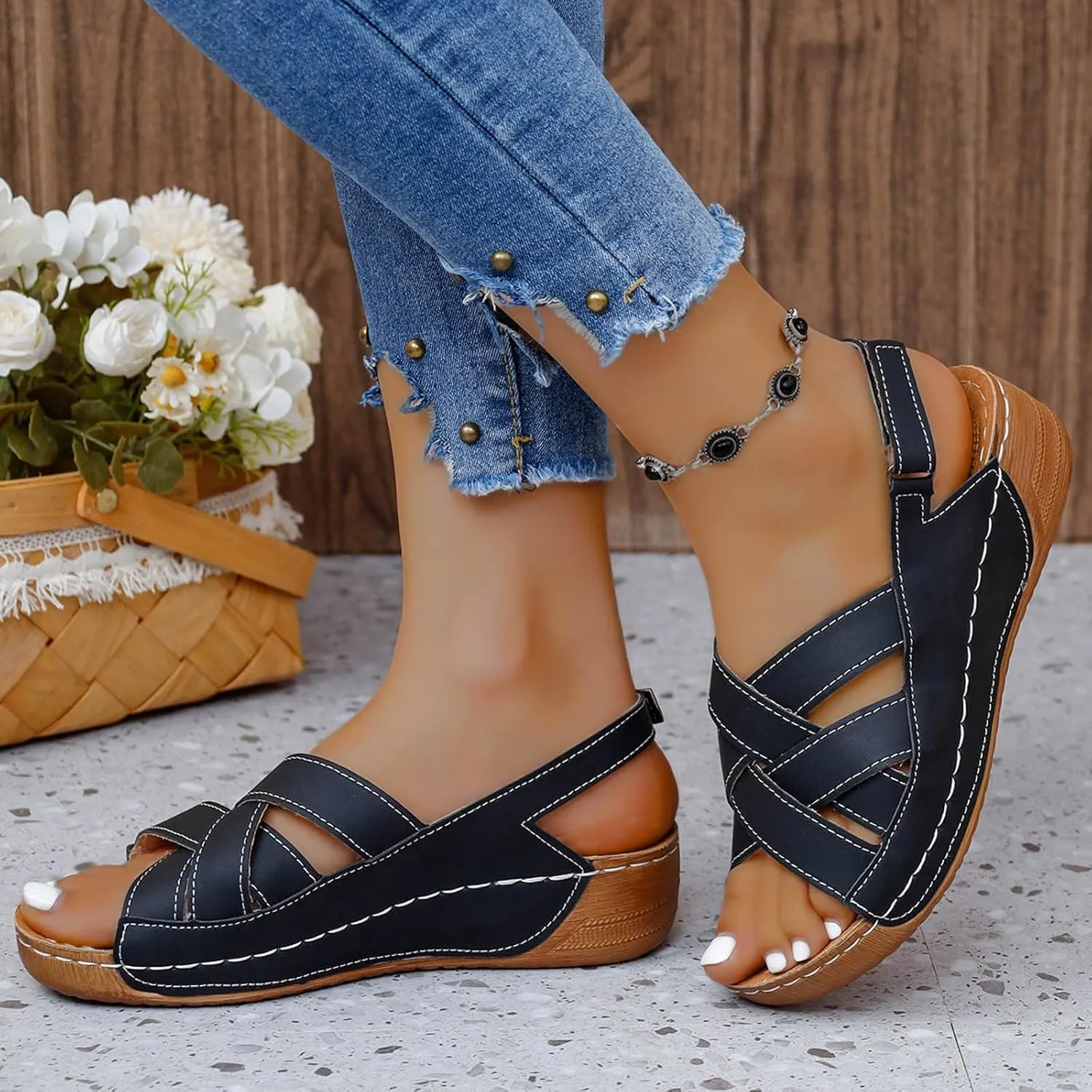 Womens Ankle Strap Sandals Walking Hiking Summer Beach Flats Shoes Comfort Open Toe Comfortable Dressy Arch Support Wedges Sandals Round Bottom Buckle Wide Width Beach Slippers Orthotic Shoes