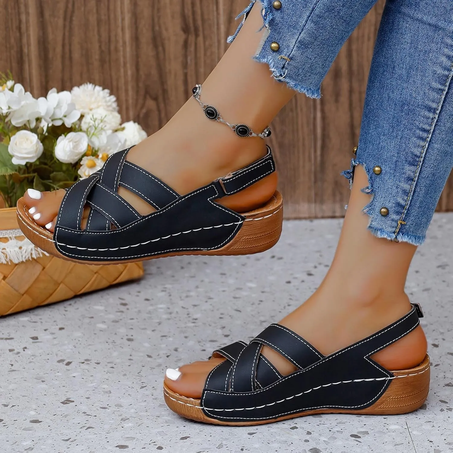 Womens Ankle Strap Sandals Walking Hiking Summer Beach Flats Shoes Comfort Open Toe Comfortable Dressy Arch Support Wedges Sandals Round Bottom Buckle Wide Width Beach Slippers Orthotic Shoes
