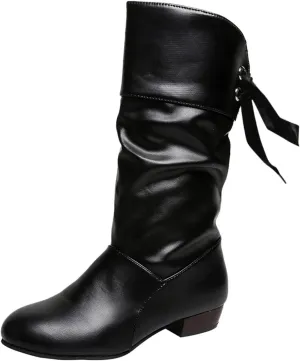 Womens Boots Fashion Bow Tie Solid Color Pleated Leather Boots for Women Elegant Exquisite Mid-Calf Boots