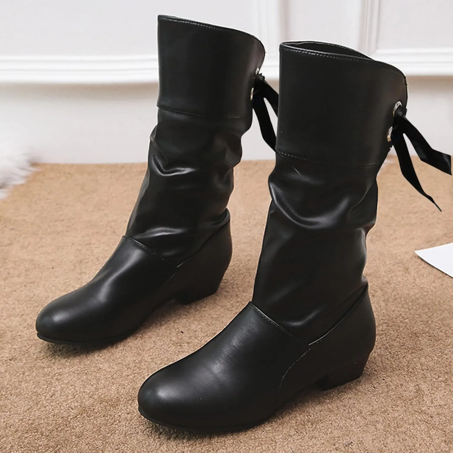 Womens Boots Fashion Bow Tie Solid Color Pleated Leather Boots for Women Elegant Exquisite Mid-Calf Boots