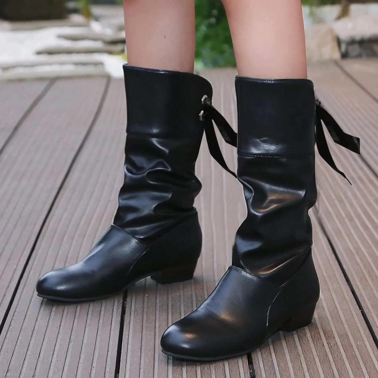 Womens Boots Fashion Bow Tie Solid Color Pleated Leather Boots for Women Elegant Exquisite Mid-Calf Boots
