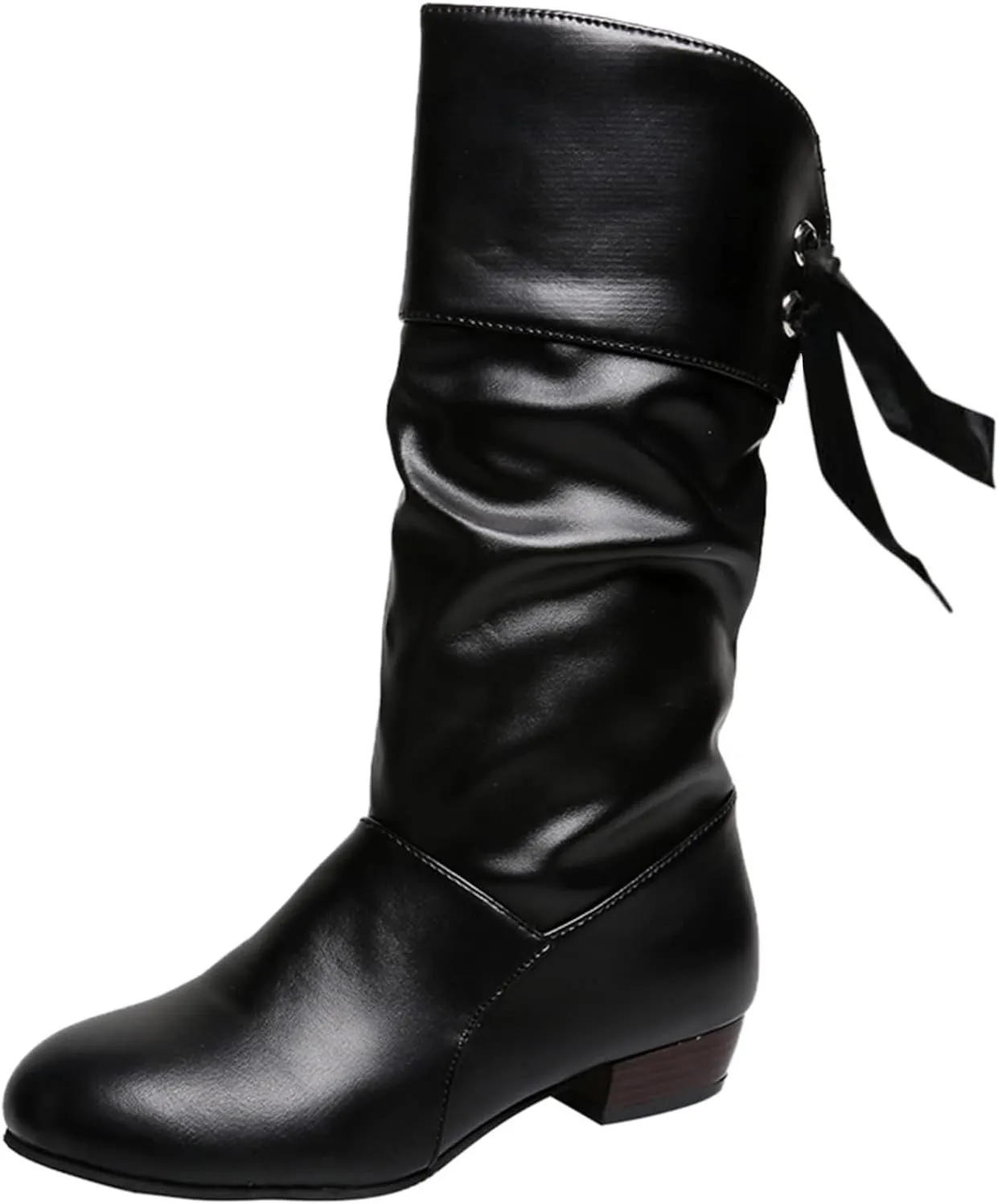 Womens Boots Fashion Bow Tie Solid Color Pleated Leather Boots for Women Elegant Exquisite Mid-Calf Boots