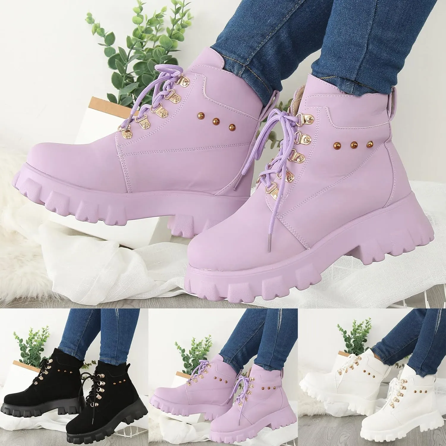 Womens Boots Fashion Casual Solid Color Lace Up Round Toe Boots for Women Lug Sole Non Slip Cozy Ankle Boots