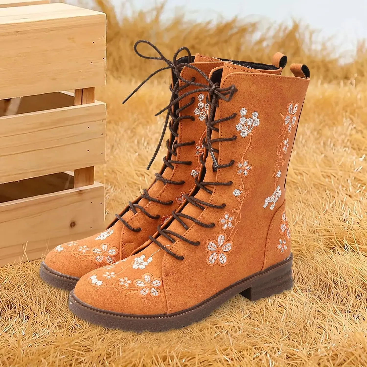 Womens Boots Winter Boots for Women Fashion Retro Printing Embroidery Square Heel Colorblocking Ethnic Short Boots