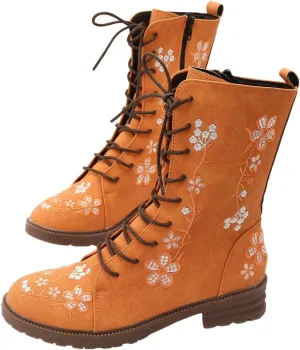 Womens Boots Winter Boots for Women Fashion Retro Printing Embroidery Square Heel Colorblocking Ethnic Short Boots