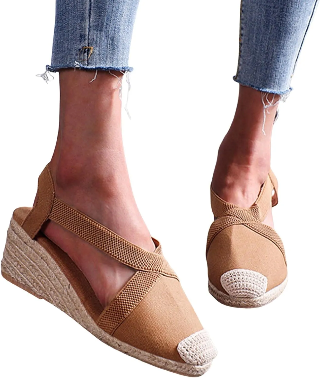 Womens Espadrille Platform Wedge Sandals Closed Toe Elastic Ankle Strap Slingback Sandals Summer Casual High Heels Dressy Cute Wedges Sandal Shoes