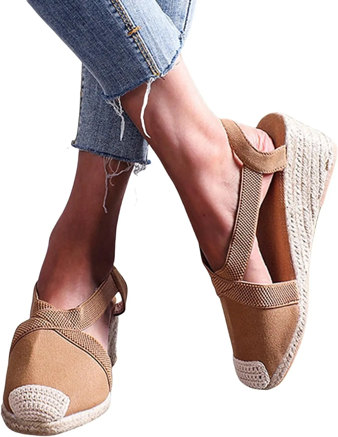 Womens Espadrille Platform Wedge Sandals Closed Toe Elastic Ankle Strap Slingback Sandals Summer Casual High Heels Dressy Cute Wedges Sandal Shoes