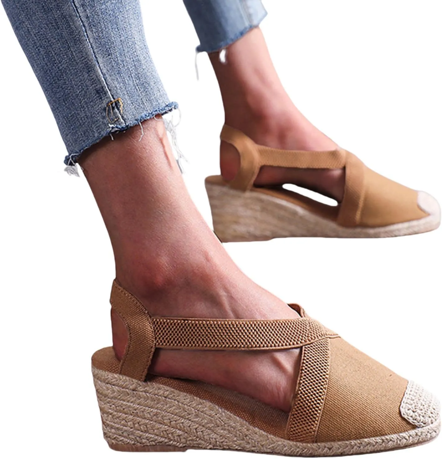 Womens Espadrille Platform Wedge Sandals Closed Toe Elastic Ankle Strap Slingback Sandals Summer Casual High Heels Dressy Cute Wedges Sandal Shoes