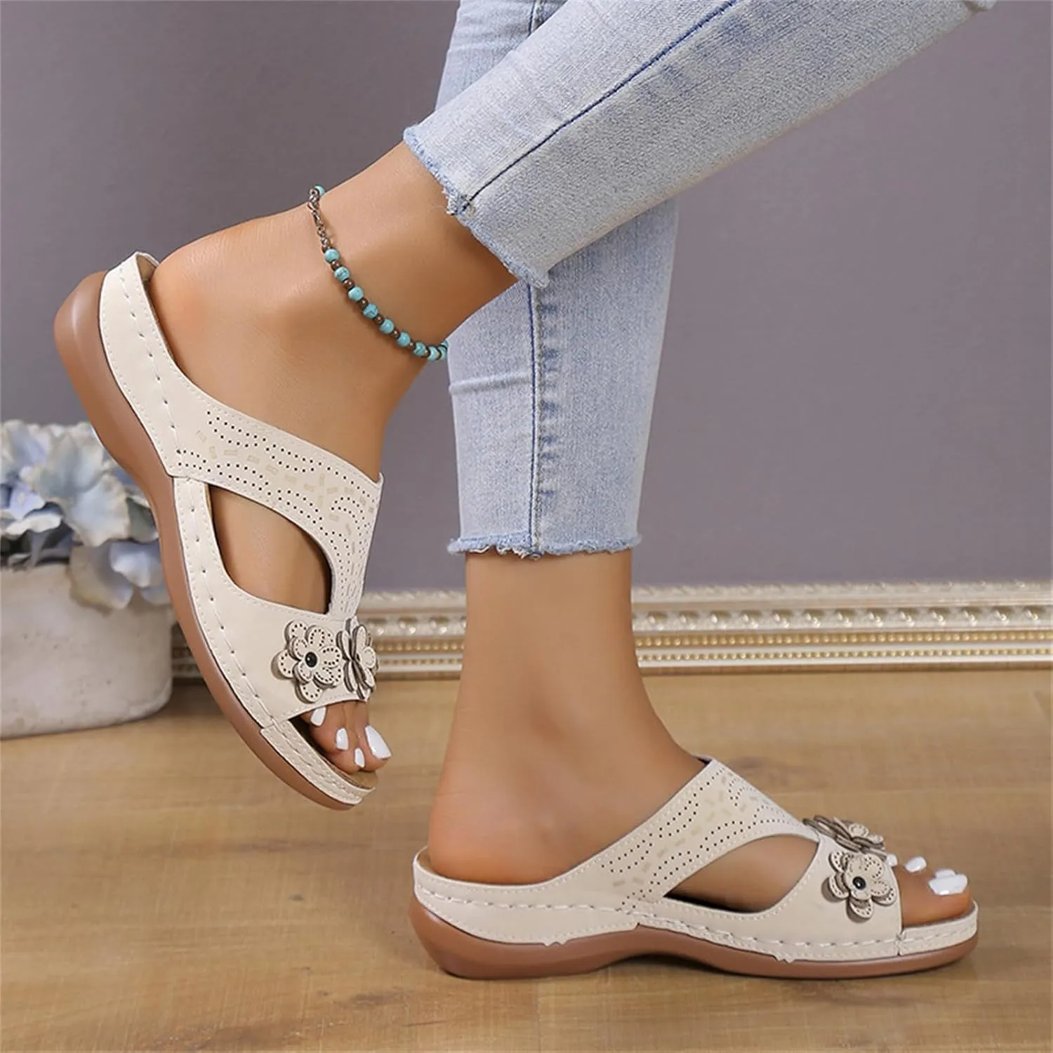 Women's Orthopedic Slippers Wedge Sandals for Women 2025 Summer Arch Support Hollow Breathable Holes Flowers Sandals Fish Mouth Open Toe Slippers Beach Casual Walking Shoes