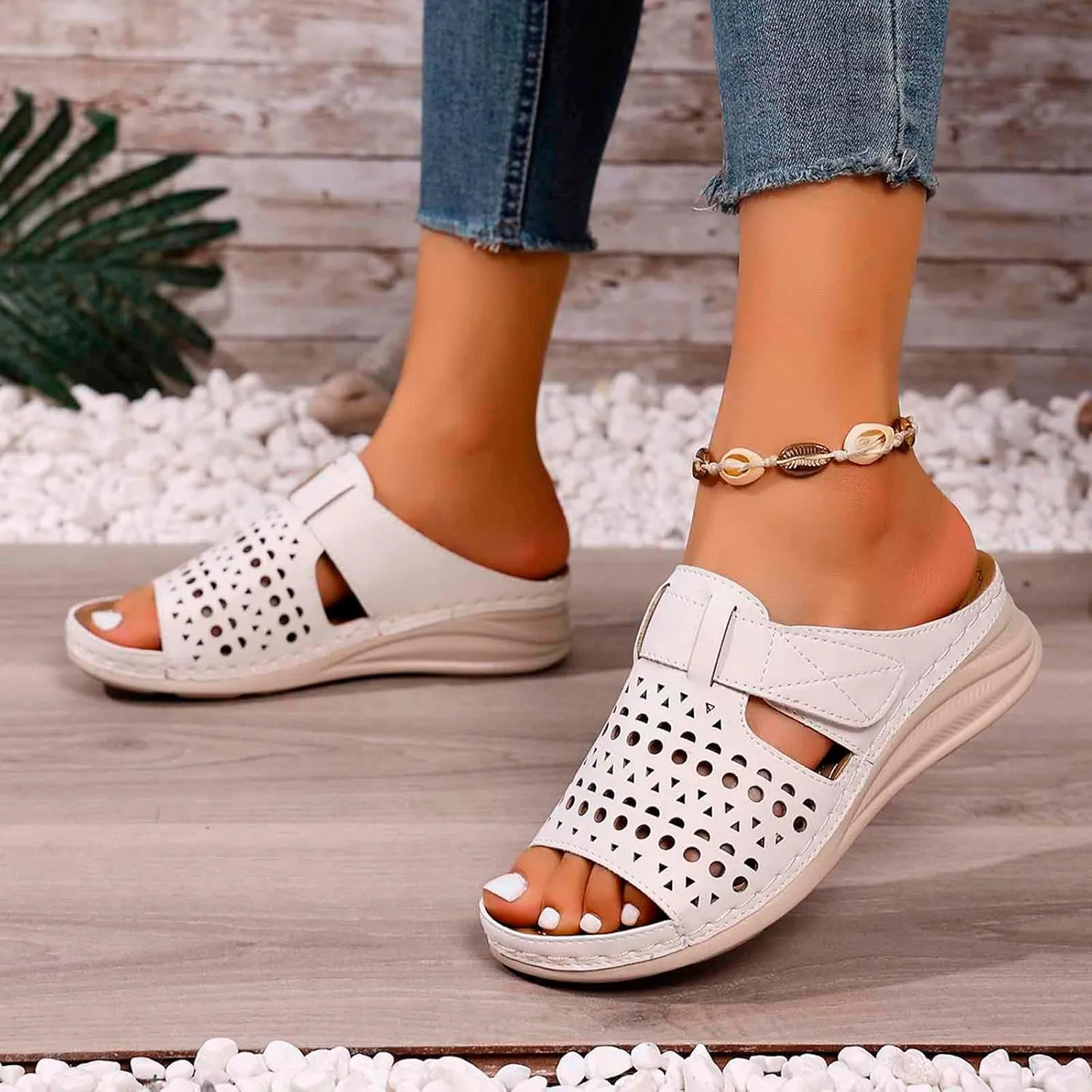 Women's Stylish Slip On Sandals Comfortable Casual Beach Wedge Shoes Breathable Footwear for Spring Summer Fall