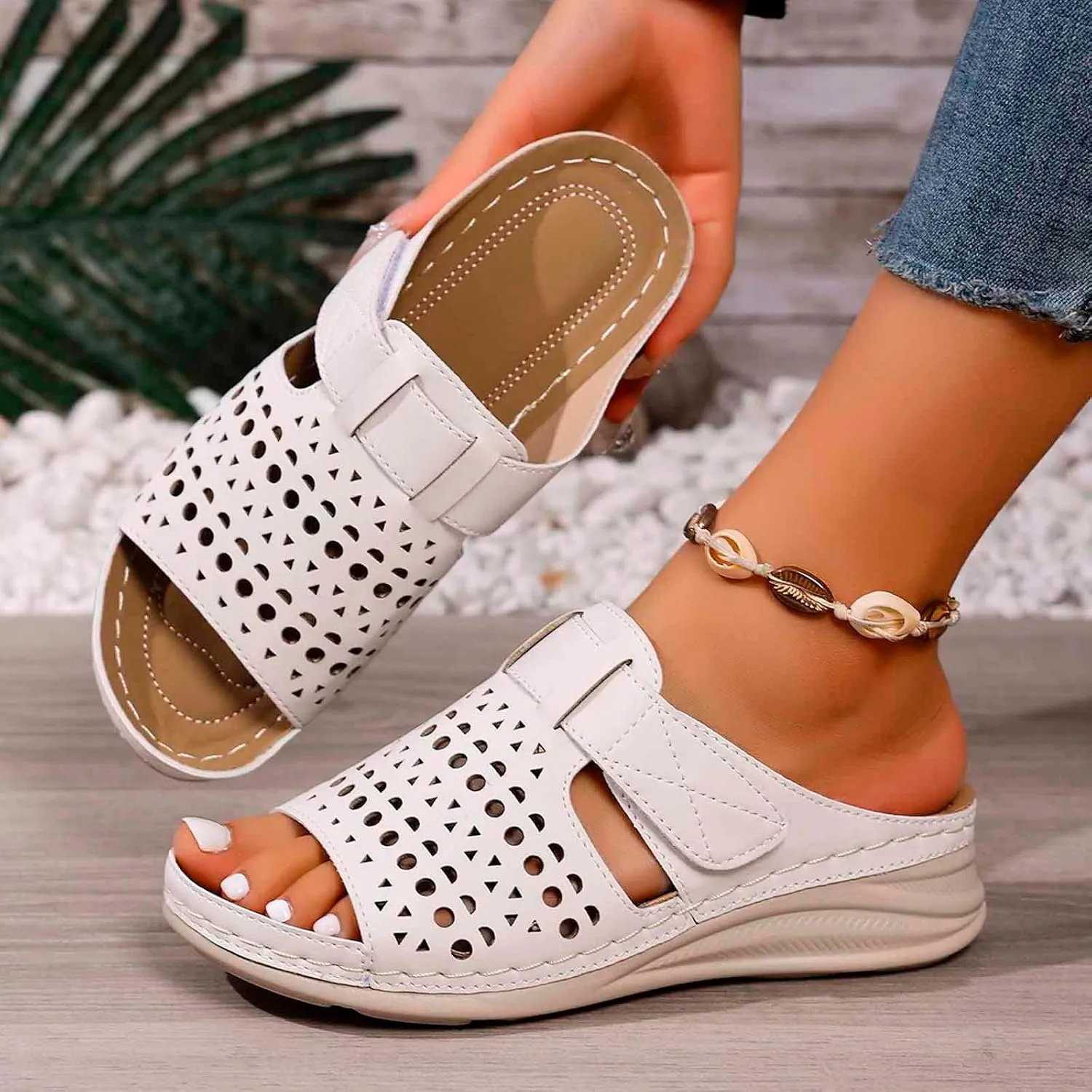Women's Stylish Slip On Sandals Comfortable Casual Beach Wedge Shoes Breathable Footwear for Spring Summer Fall