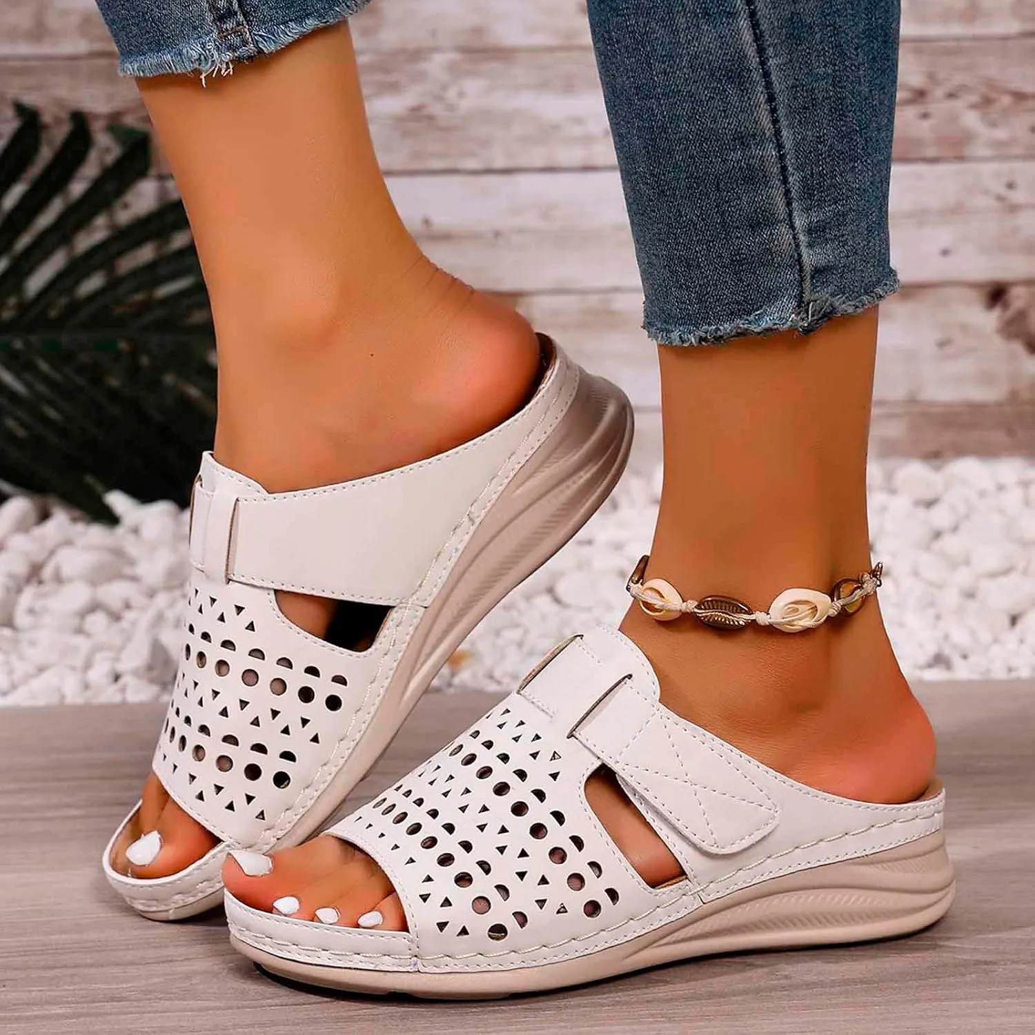 Women's Stylish Slip On Sandals Comfortable Casual Beach Wedge Shoes Breathable Footwear for Spring Summer Fall